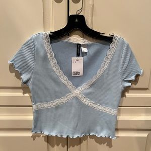 Light Blue Lace Accented Cropped Top
